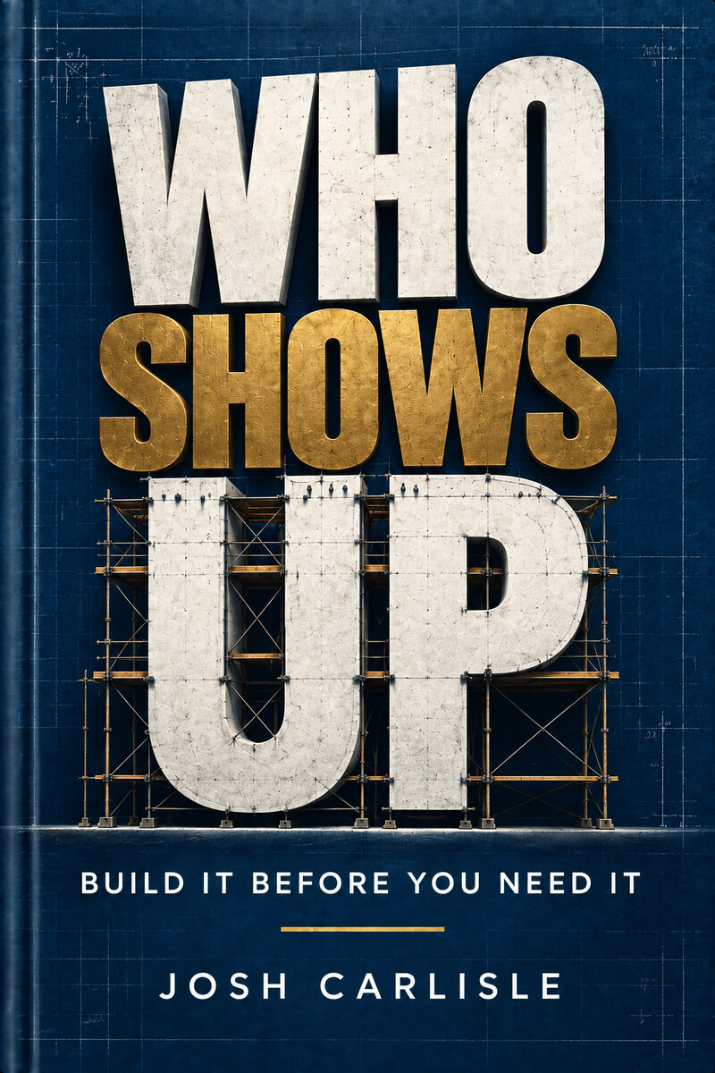 The cover of Who Shows Up by Josh Carlisle. The title in concrete letters on a blueprint ground, the word UP still standing in scaffolding. Subtitle: Build It Before You Need It.
